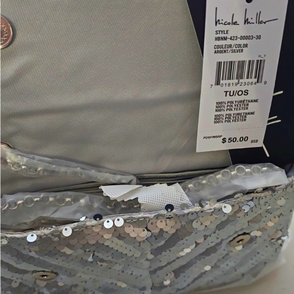 Evening Bag | Nicole Miller Silver Sequin Purse Clutch Handbag Purse | Sparkle - Picture 6 of 8